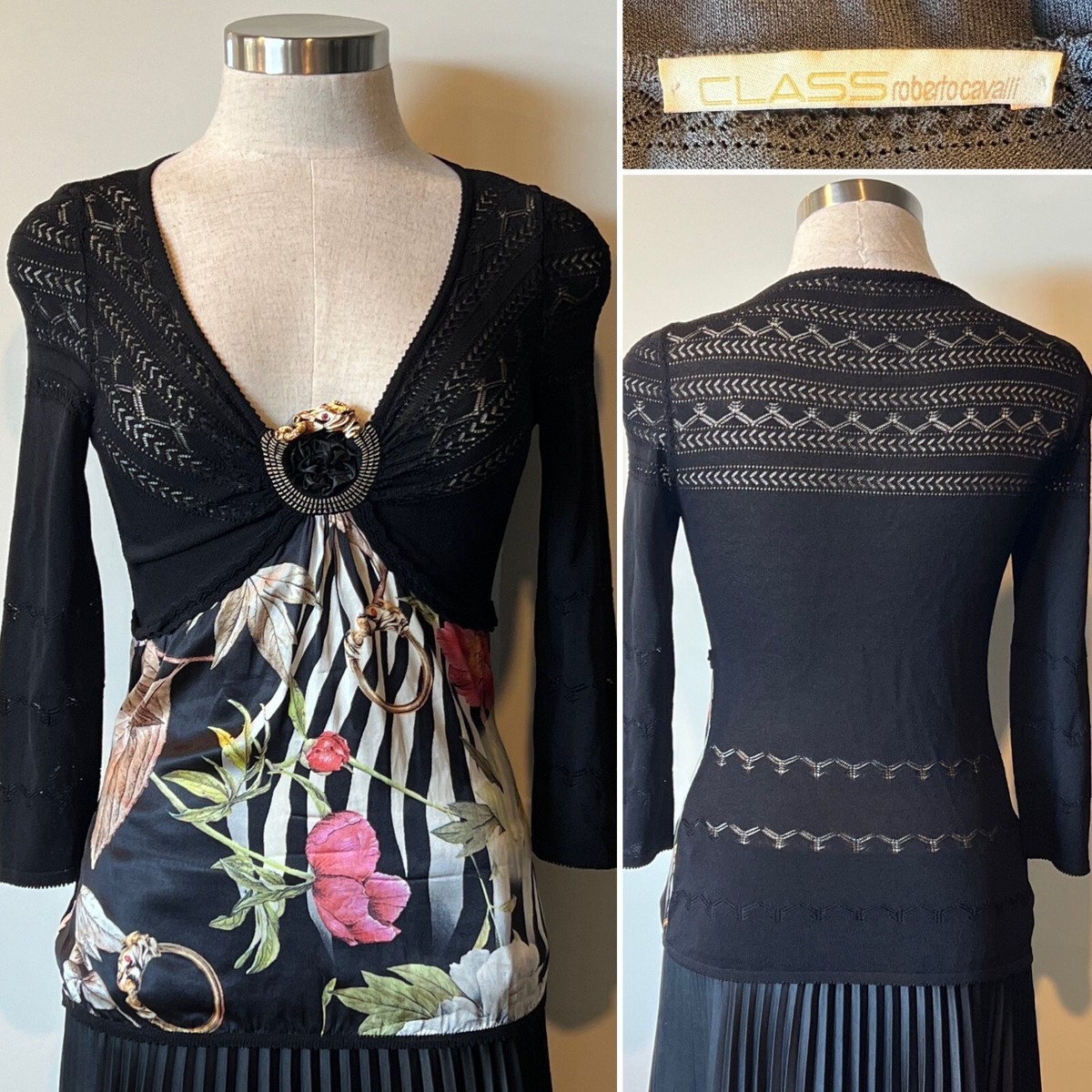 ROBERTO CAVALLI CLASS Black Stretch Knit, Silk Zebra Buckle 