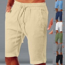 Men Cotton Linen Shorts Elastic Waist Drawstring Cargo Casual Beach Half Pants