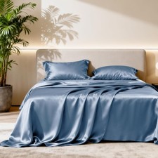 Satin Queen Sheets Set - 4 Piece Ash Blue Silky Bed Sheets Set with Deep Pocket,