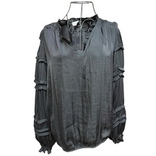 Women's Black Ruffle-Trim Long Balloon Sleeve Blouse Medium