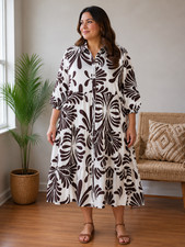 Mlle Gabrielle Womens plus size printed 3/4 sleeve collared button down Dress
