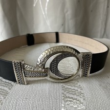 CHICO  S Belt Leather Black Silver hook Buckle Etched statement hammered sz S