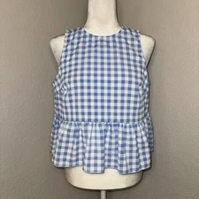 Shein Peplum Blouse Top Women's Medium Blue White Gingham Sleeveless Summer