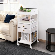 3 Tier Rolling Utility Cart with USB Ports, Removable Drawer  Wood Top