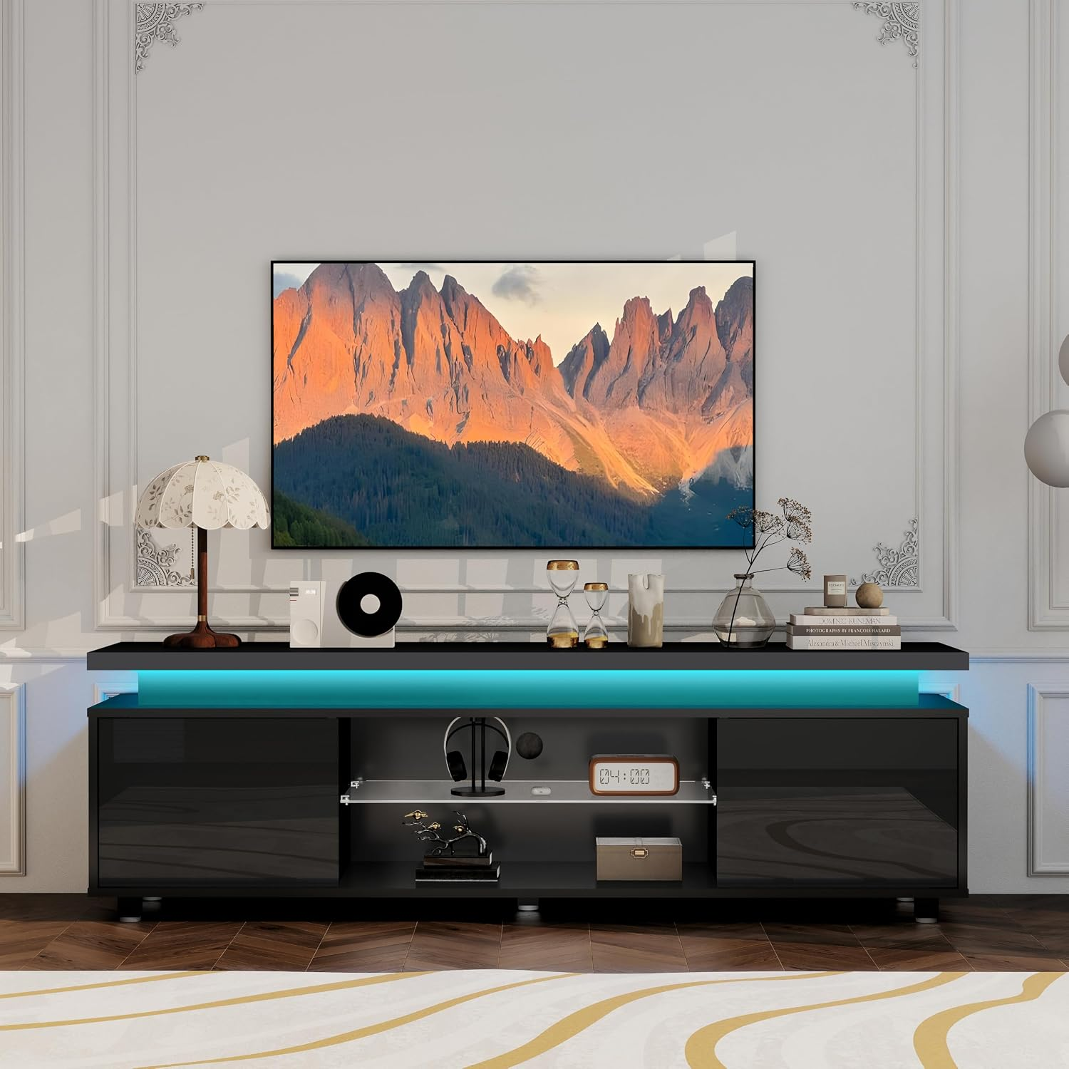 TV Stand High Gloss TV Unit LED 150cm Media Console Cabinet Storage Black White