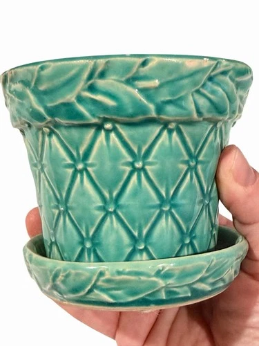 Vintage McCoy Pottery Quilted Planter Attached Saucer Turquoise Green 1940s