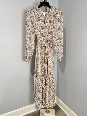 Lucky Brand Women S Wrap Maxi Dress Floral Ivory Brown Blue Long Sleeve Tie NWT