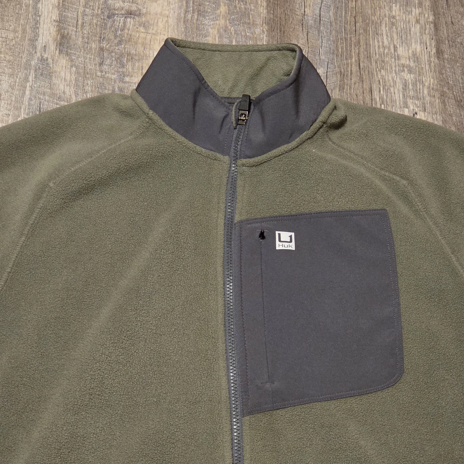 HUK Coast Line Fleece FZ Men's Jacket Size Large Full Zip Olive Green/Gray