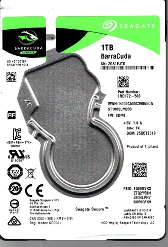 ST1000LM038 S/N: ZGS1E P/N: 1RD172-500 WESTERN DIGITAL 1TB THAILAND OCT 2019
