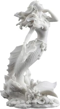 Mermaid Holding Pearl on Beach White Sculpture Figurine Statue Nautical Decor
