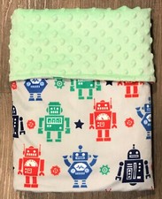 Baby Gift Blanket Robot MINKY Toddler Size LARGE Green Shower Present Handmade