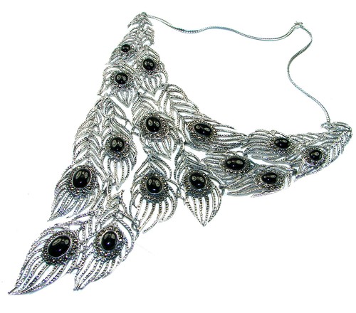 Huge Onyx Necklace 102.9g 925 Sterling Silver Peacock Black Handcrafted - Picture 3 of 4