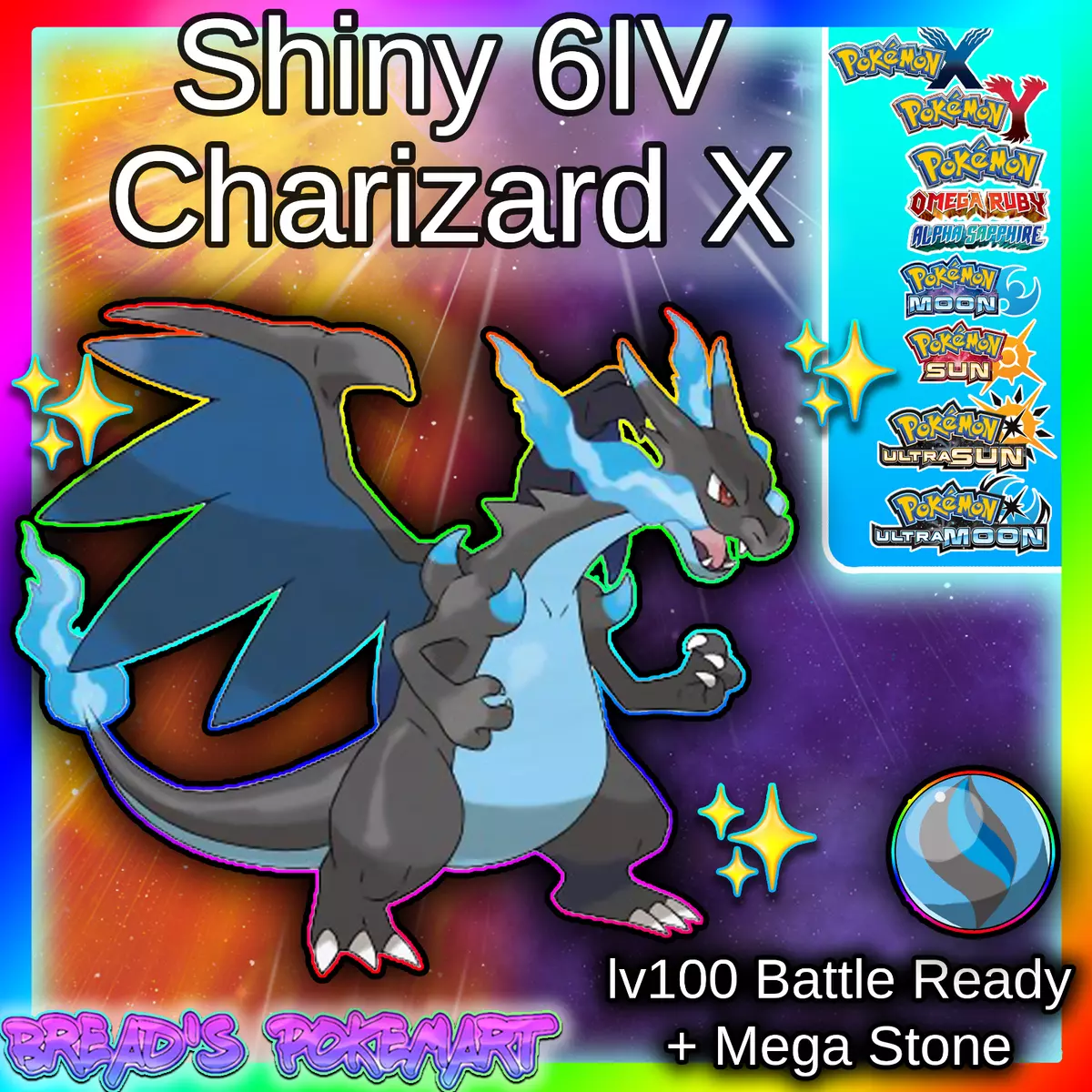 Charizard X SHINY 6IV Mega ✨ Pokemon XY ORAS Ultra Sun & Moon 3DS