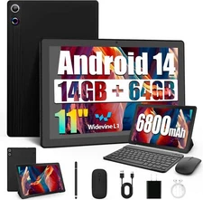 Tablet 11 Inch Android 14, 14GB RAM 64GB ROM 1280x800 IPS w Keyboard/Mouse Set