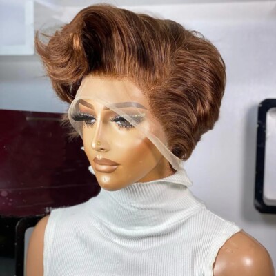 Fashion Short Full Lace Pixie Cut Brown Wig 100% Human Hair Wigs Lace Front Wigs