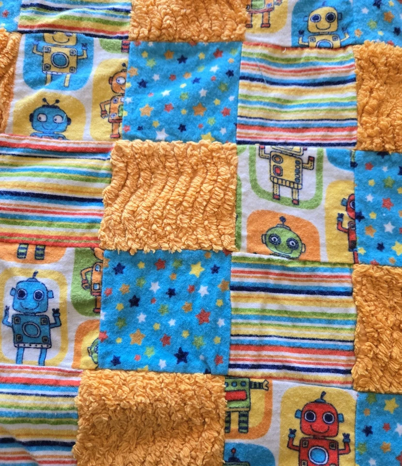 Robots Patch Quilt Blanket Kids Baby Flannel & Chenille Handmade  - Image 4 of 4