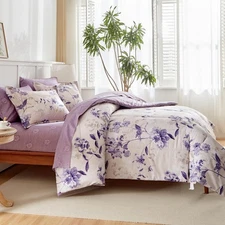 AIKASY 7-Piece Queen Size Bed in a Bag Comforter Set - Lilac Purple Floral En...