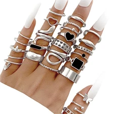27x Women Silver Knuckle Rings Set Stackable Finger Midi Thumb Rings Hollow Ring