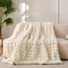 COOVA Soft Bubble Faux Fur Throw Blanket 60 x80 Ivory White Fluffy Cozy Fuzzy