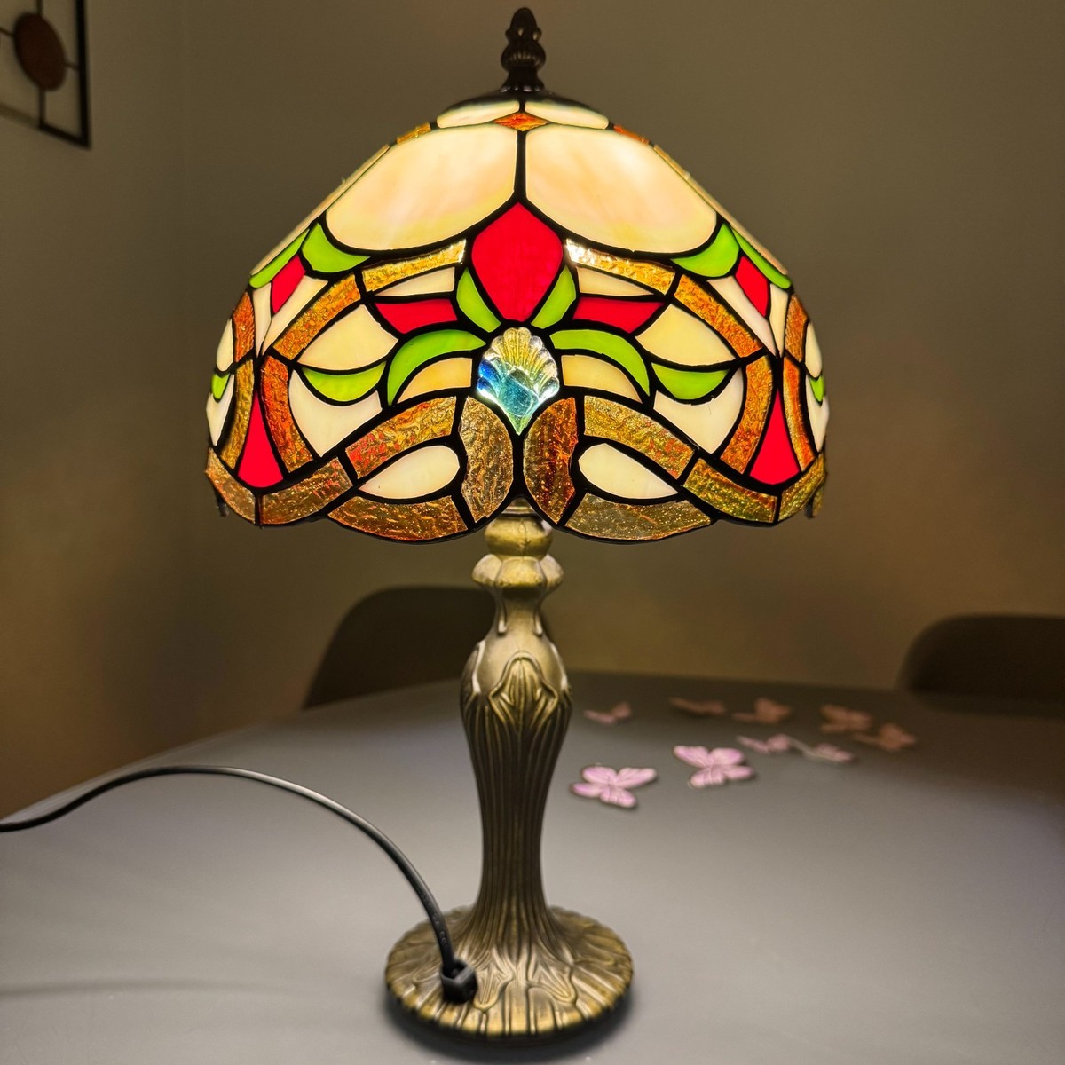Antique Tiffany Style Table Lamp 10 Inch Stained Glass Handcrafted