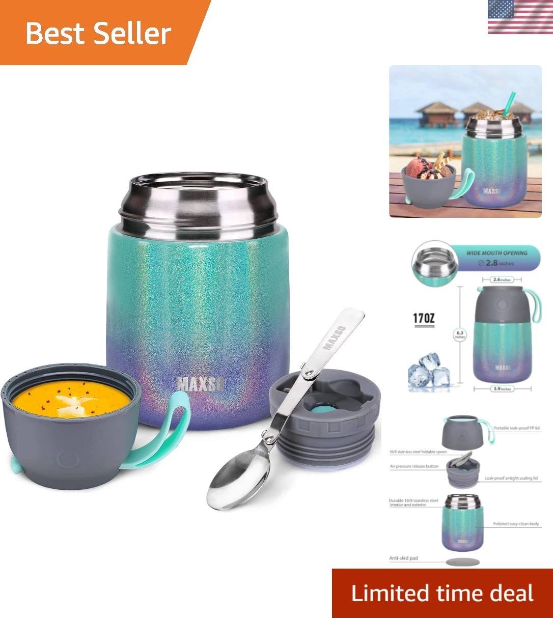 Soup Thermo for Hot & Cold Food for Adults Kids, 17 oz Vacuum Insulated Steel...