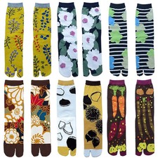 Colorful Cartoon Combed Cotton Women's Two Toe Socks Grapes Waves Carp Japanese