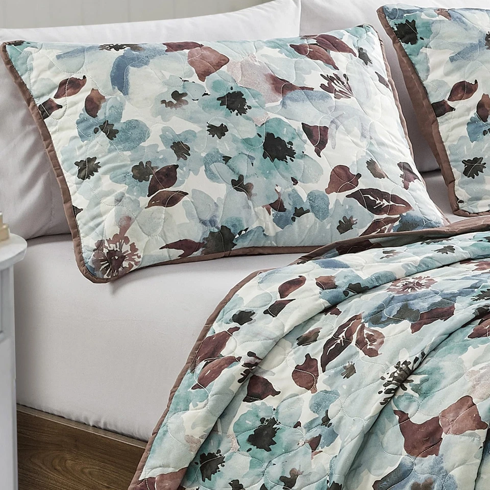 Комплект из 3 предметов Nalla цветочный синий покрывало королевский размер акварель цветок лоскутное одеяло - Изображение 2 из 4