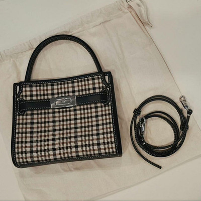 Tory Burch Lee Radziwill Petite Double Bag Plaid Check Leather Handbag 2WAY New