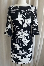 Vince Camuto Black White Floral Sheath Dress Bell Sleeve Career Women 6 Office