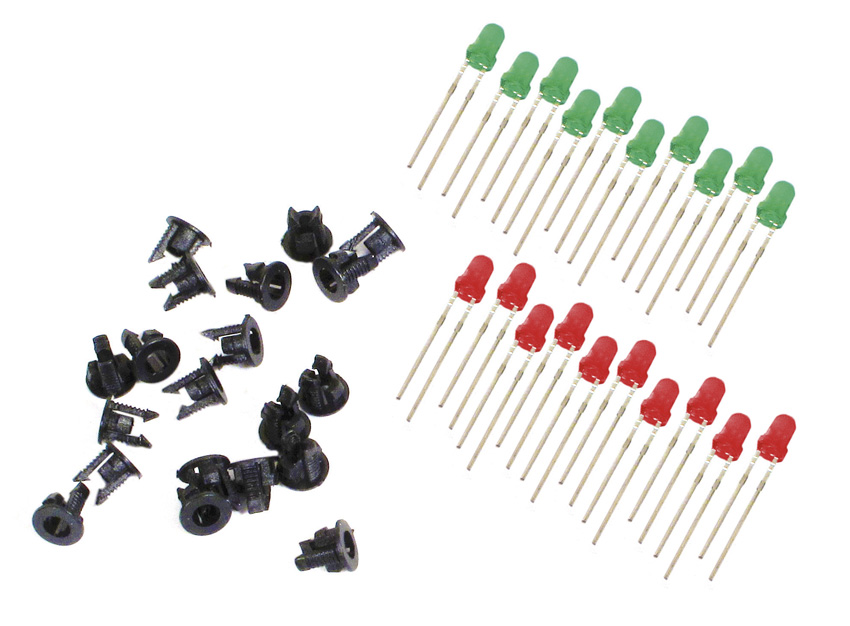 Peco PL-30 LEDs (3mm, 10 red, 10 green) and Panel Clips (Pk20)