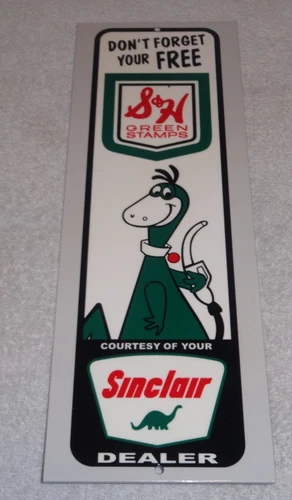 VINTAGE SINCLAIR GASOLINE AND S & H GREEN STAMPS 15" METAL GAS & OIL SIGN W DINO