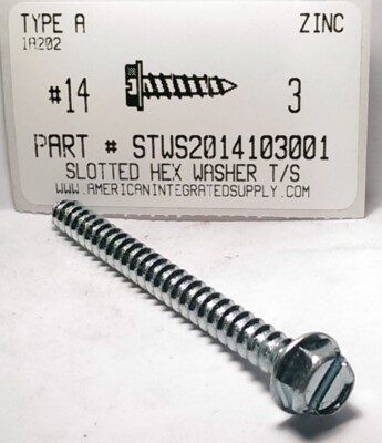 #14x3 Slotted Hex Washer Head Tapping Screws Type A Steel Zinc Plated (100)