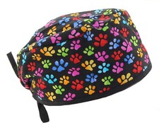 Colorful Little Dog Paw Prints Black Doctor Nurse Scrub Cap Hat RN Vet