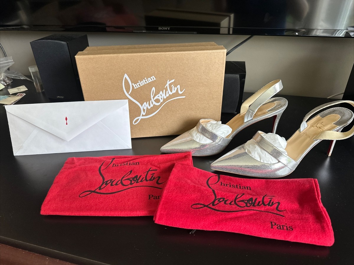 Christian Louboutin Actina Silver Leather Sling Back Heels Size