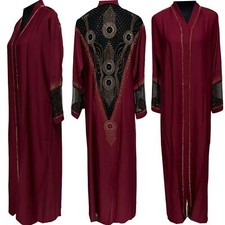 Burgundy Stone Works Abaya Jalabiya Arab Long Dress