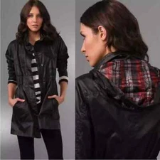 Theory Hattie Swagger Black Hooded Rain Jacket Tartan Red Plaid Lining Size M