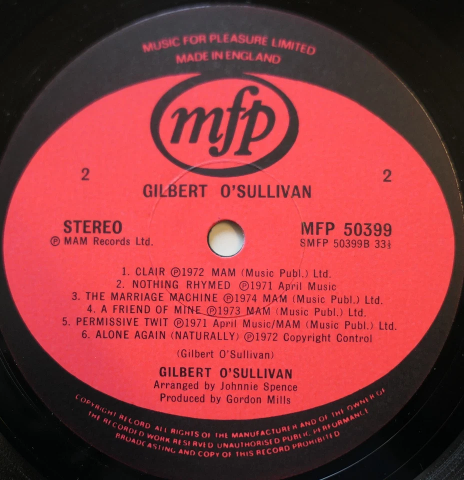 Gilbert O'Sullivan 1978 NM Vinyl MFP 50399 - Image 3 of 4