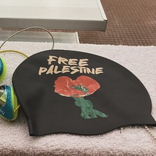 Free Palestine Swim Cap  Double-Sided Design w/ Poppy on Black Adult Latex Cap