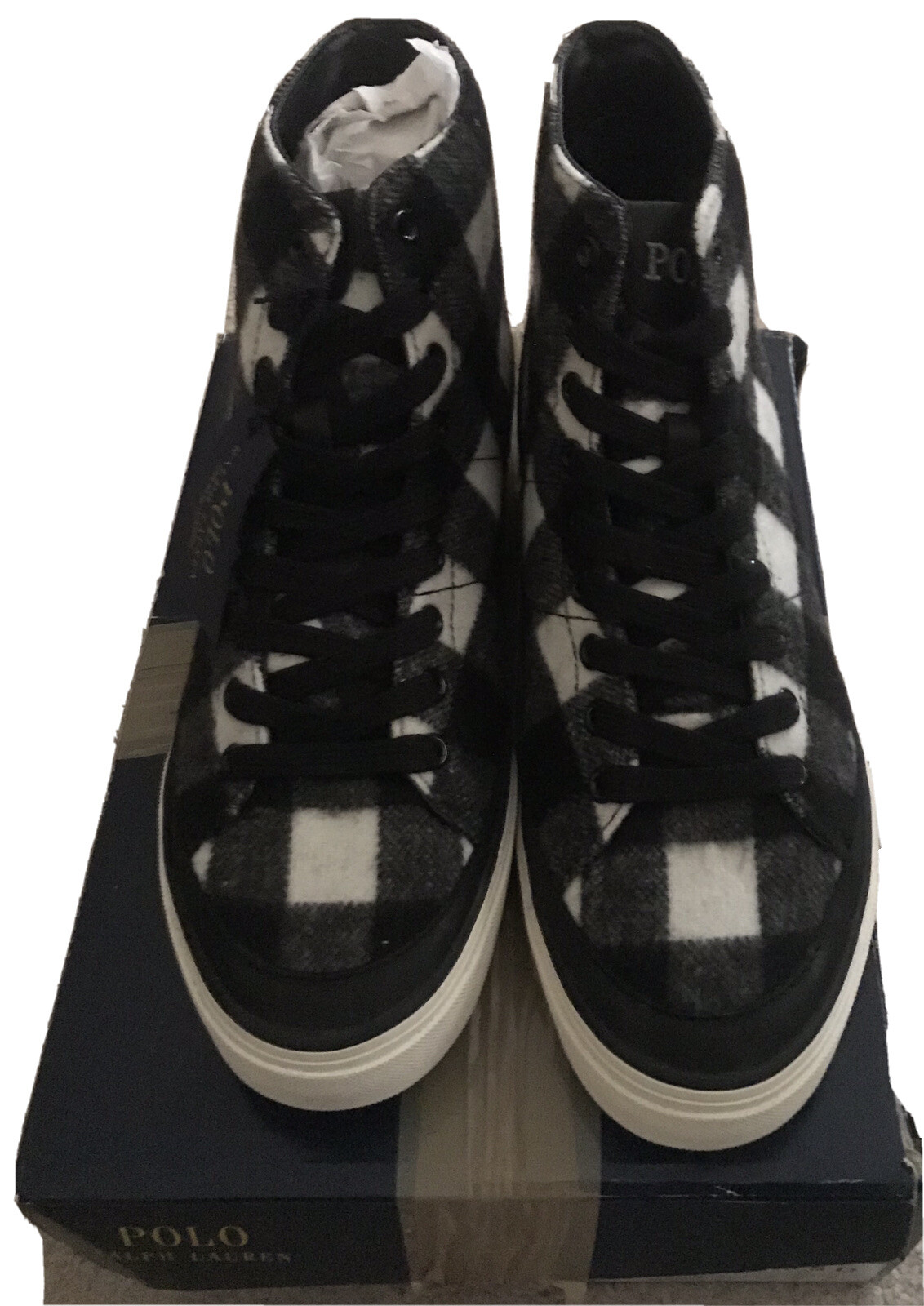 PONY POLO Ralph Lauren Sneakers Uomo Solomon Flanella Nero Bianco Check Bufalo 8 5