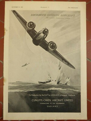 6/1941 PUB CUNLIFFE-OWEN FLUGZEUG LOCKHEED HUDSON COASTAL COMMAND ORIGINAL ANZEIGE