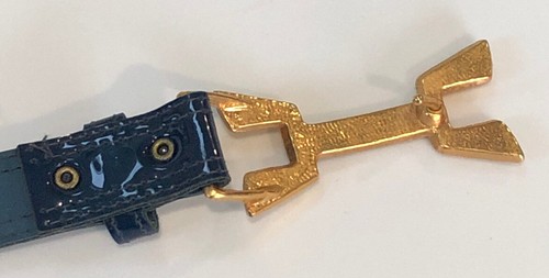 Vtg Belt Elegant Navy Blue Enamel Gold Tone Buckle Fashion Faux Leather Sz Lg 13 - Picture 6 of 12