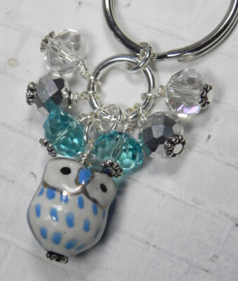 Blue Owl Cluster Keychain Ceramic Crystal Beaded Handmade Split Key Ring New