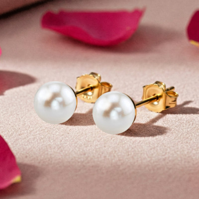 14K Real Solid Yellow Gold Freshwater Pearl Bead Studs Earrings 4mm 5mm 6mm 7mm