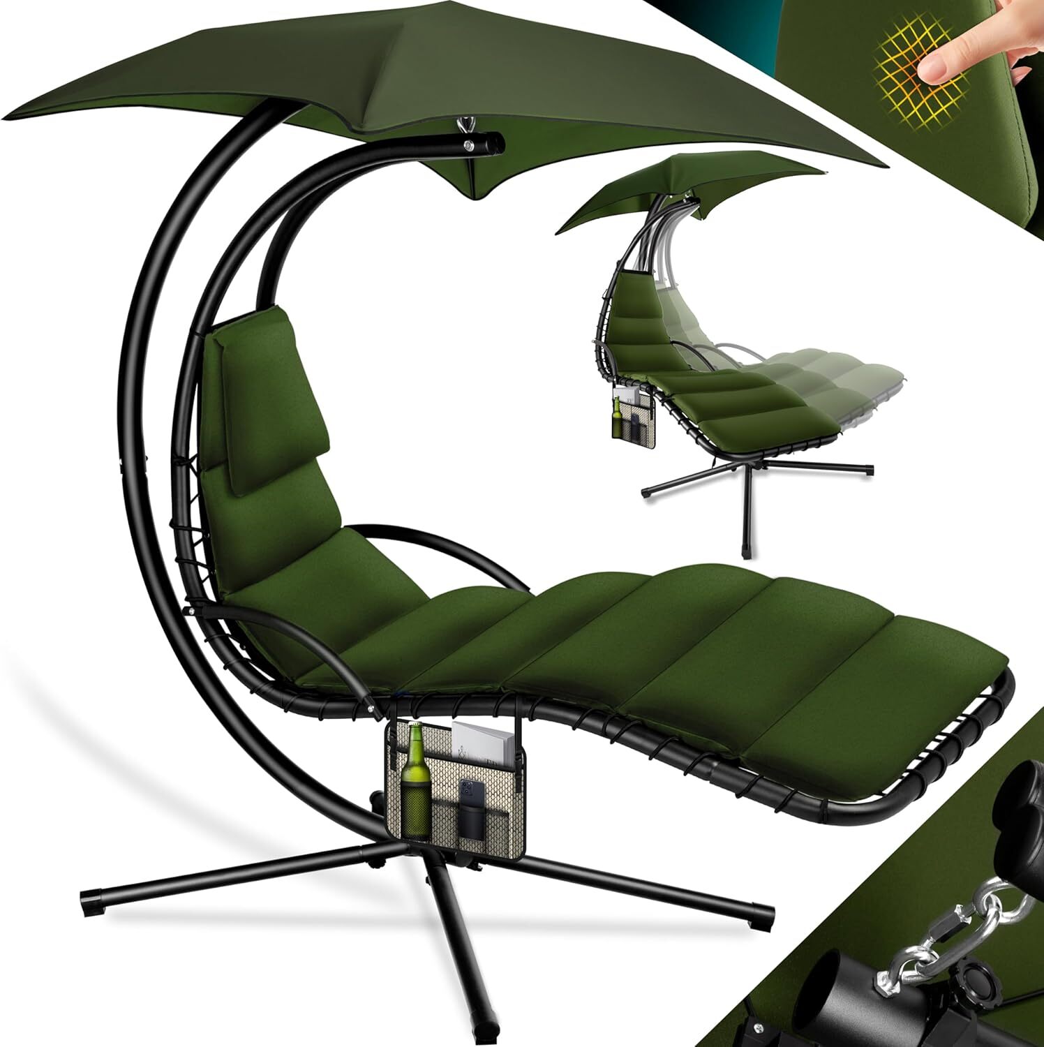 Chaise longue suspendue avec parasol réglable et matelas imperméable
