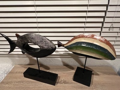 Two Vintage Pier 1 Wooden 17'' Fish Whale Tabletop Sculpture