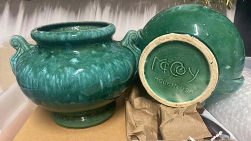 2Vintage Signed McCoy Brushed Green/turquoise Drip Glaze / Jardiniere Vessel Pot