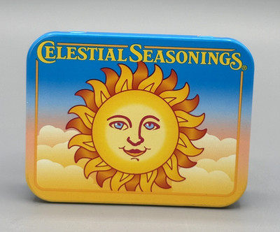 Vintage Celestial Seasonings tin The Sun tea mini metal box blue smiling happy !