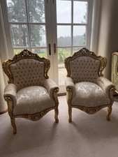Pair Gilt Throne Armchairs Damask Silk Upholstery Louis XVI Baroque Rococo Gold