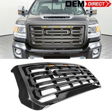 Fits 15-19 Gmc Sierra 2500 3500 Gloss Black Bumper Grille Guard Grill W Lights