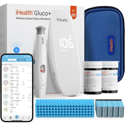 iHealth Gluco+ Wireless Smart Blood Glucose Monitor Kit with Free App, White